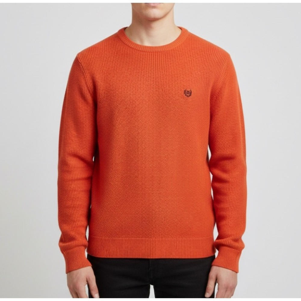CHAPS Vibrant Orange COTTON SHAKER KNIT SWEATER Crew Neck NAVY BLUE LOGO sz XL